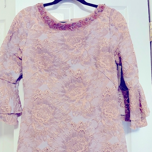 Theia Couture Metallic Floral Bell Sleeve Trumpet gown- Blush - Picture 4 of 10